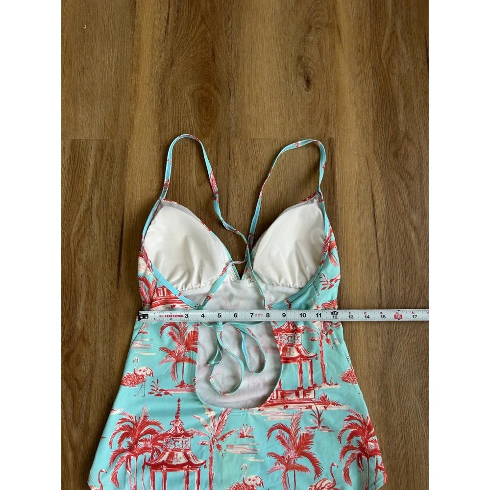 J.McLaughlin Tropical Toile Flamingo One Piece Swimsuit Aqua Coral‎ palmer 12